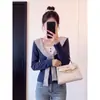 Algodão*Azul Escuro Camiseta Falsa de Duas Peças Manga Longa Feminina Xale Listrado Top Base Slim-Fit