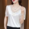 Camisa de gasa de manga corta con costuras de encaje de satén elástico de talla grande para mujer, ropa interior y exterior, nueva moda de primavera 2023