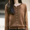 Cardigan de Tricô Redondo com Manga Longa para Mulher, Mistura de Algodão e Lã, Cor Sólida, Solto, Versátil, Novo para Outono/Inverno 2026