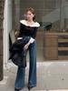 Calça Jeans Flare de Cintura Alta Solta com Pernas Largas para Mulheres, Estilo Hong Kong Outono e Inverno, Fashion, Emagrecedora, Antiaderente, Comprimento Total, Calça Versátil