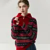Suéter de cachemira elegante y artístico para mujer, estilo retro, para otoño e invierno, con diseño engrosado, cuello alto, cremallera y patrón de jacquard.