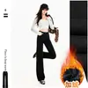 Jeans feminino transfronteiriço, estilo slim reto, forrado com fleece e espessado, estilo casual americano, calça longa preta, comprimento estendido preto