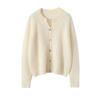 Tejido de punto con cuello redondo cepillado y manga larga 100% cachemira pura para mujer Otoño e Invierno Nuevo Cárdigan de punto de manga larga de color liso con un solo botón