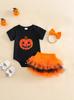 Novo Conjunto de Feriado de Halloween para Bebê Menina Transfronteiriço de Três Peças Vestido de Manga Curta de Abóbora Conjunto de Vestido para Bebê