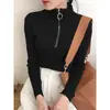 Camada Base Outono Inverno Feminina Gola Meia Alta Zíper Branco Malha Roupa Íntima Slim Fit Tricô Retrô Americano Preto
