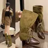 Encontro Primeira Vez Temporada 2026 Outono/Inverno Emagrecedor Panturrilha Larga Acima do Joelho Franzidos Botas Femininas Estilo Wasteland Moda Cadarço Salto Baixo Botas Longas