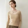 Suéter de punto de cachemira para mujer con cuello en U grande, capa base acanalada ajustada, suave y acogedor, nuevo estilo otoño/invierno