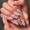 Unhas Postiças Manicure 3D Laço Amor Rosa Dia dos Namorados Francesas Vestíveis Unhas Amêndoa Curtas Vestíveis