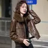 Jaqueta de couro para transmissão ao vivo feminina 2026 inverno novo estilo gola de pele espessada com forro de veludo moda estilosa jaqueta curta