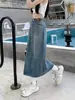 Falda midi de mezclilla de cintura alta talla grande para piernas gruesas, de mujer, cubre la carne, luce esbelta, con abertura, falda de línea A
