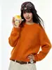 Suéter básico versátil suave y mullido para mujer, de punto, cuello redondo, manga larga, estilo casual suelto y perezoso, para otoño e invierno