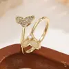 Exquisito anillo abierto de 18 quilates con incrustaciones de circonita, anillo de alta gama para mujer, anillo ajustable de estrella y luna