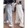 Jeans Feminino de Cor Clara com Barra Reta, Finos para o Início da Primavera, Novo 2025, Cintura Alta, Aparência Slim, Calça de Perna Larga que Cai, Primavera e Verão