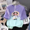 Camiseta de Manga Curta para Meninas de Verão Nova Estampa Degradê Roupas Infantis para Crianças Maiores Confortável e Estilosa Gola Redonda