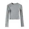 Ombligo Cuello Pequeño Hilo Agujero Raya Manga Larga Ajustado Corto Cintura Alta Color Sólido Camiseta Base Top Camiseta para Mujer