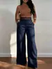 Pantalones retro europeos y americanos de pierna ancha con grandes bolsillos de parche, de cintura alta, hechos de tela de traje con efecto de caída, corte holgado, favorecedores de la figura, rectos hasta el suelo
