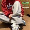 Calça de moletom esportiva pesada cinza melange 500g masculina estilo vibe retrô americano, calça casual com forro de lã e pernas largas grossas