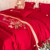 Juego de Cuatro Piezas de Algodón Cepillado Chino Bordado de Gama Alta para Boda, Sábanas de Color Rojo Brillante y Fundas de Edredón para Ropa de Cama de Boda