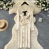 Estilo Socialite Francês Moda Laço Fivela de Metal Cintura Vestido de Malha Vestido Suéter de Outono Feminino