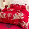 Juego de Bordado para Boda de Cuatro Piezas Rojo Algodón Amigable con la Piel Sábana Funda Nórdica Boda China Casa Nueva Colcha Auspiciosa Ropa de Cama para Boda