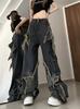 Estilo americano retrô solto Slimming jeans masculino e feminino design de primavera desgastado calças mop calças retas de pernas largas