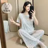 6535 Pijama de Algodão para Mulheres Primavera e Verão Novo Estilo com Bojo Integrado Manga Curta Calça Longa Doce Pequeno Floral Conjunto de Roupa para Casa