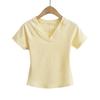 Estilo europeu e americano Raglan V-neck apertado manga curta T-shirt Mulheres verão novo tempero meninas cor sólida básico apertado T-shirt Top