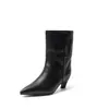 Botas de media pantorrilla para mujer hechas de piel de vaca de primera calidad, nuevo estilo otoño e invierno, piel genuina, punta fina, tacón medio, tacón delgado, botas de montar sin cordones