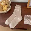 Calcetines con Borde Fruncido Ligeramente Comprimidos para Mujer, Calcetines de Punto Doble de Media Pantorrilla Bordados de Dibujos Animados para Otoño e Invierno, Calcetines de Algodón Lindos para Niñas