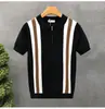 Verano Estilo Coreano Juvenil Casual Seda de Hielo Delgado Hombres Rayas Verticales Cuello de Solapa Tejido Camiseta de Manga Corta Negocios Pol Cruzado Transfronterizo