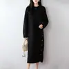 Vestido de Lã Pura Estilo Casual para Mulheres, Outono e Inverno Engrossado Gola Redonda Botão Lateral Solto Acima do Joelho Tricô Vestido Suéter Midi