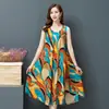 Vestido Colete de Algodão e Seda Plus Size Verão Novo Estilo Étnico Roupas Femininas Retrô Literário Estampado Sem Mangas Saia Longa