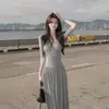 Vestido de verano para mujer con textura fluida, falda larga elástica, cómodo, adelgazante, que realza la altura, vestido de línea A con cuello en U, corte ajustado, falda con dobladillo amplio