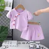 Traje de Verano para Niñas Nuevo Conjunto de Dos Piezas de Verano para Niños con Botones de Flores Pequeñas, Mangas Cortas, Informal, Estilo Coreano para Bebés