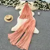 Traje de Férias Desejo Puro Feminino Atmosfera Alça Halter Top Plissado Irregular Calça de Cintura Alta Wide Leg Casual
