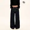 Calça Jeans Yongfang Estilo Americano de Sarja Crua Azul Stretch para Homens e Mulheres, Calça Casual Solta Resistente Desconstruída de Barra Reta Modeladora com Caimento