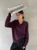 Textura tipo nuvem26 Suéter de Tricô com Decote V de Manga Longa em Lã e Cashmere Atmosférico Outono/Inverno para Mulheres, Pulôver Liso