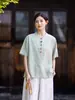 Roupas Femininas de Algodão e Linho 26 Novos Estilos Retro Chinês Fino Tencel Linho Gola Alta Cor Contrastante Botões Camisa Top de Manga Curta Camiseta Feminina