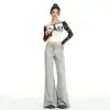 YECHUAN # Pantalones casuales acampanados con cordón gris para mujer, diseño de cintura alta para otoño e invierno, versátiles para caminar, pantalones de longitud hasta el suelo