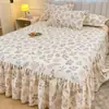 Saia de Cama de Algodão Puro Estilo Princesa, Peça Única, Capa de Cama Antiderrapante 100% Algodão com Borda Saia, Antiderrapante e à Prova de Poeira, Conjunto de Três Peças, Adequado para Todas as Estações