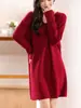 Nuevo Vestido de Moda con Cuello en V para Mujer Vestido Base de Punto Holgado Estilo Occidental de Longitud Media para Mujer talla grande