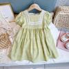 Vestido Estilo Fresco para Menina Verão Manga Curta Gola de Renda Verde Saia Estilosa Casual de Princesa para Bebê Menina