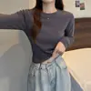 Camiseta Feminina de Algodão Puro Outono, Manga Longa, Ombro Normal, Corte Petite Curto, Camisa Básica Versátil Emagrecedora de Cintura Alta para Mulheres