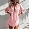 2026 Moda Exterior Femenina Transfronteriza Europea y Americana Cárdigan de Punto de Longitud Media Solapa Holgado Color Sólido Camisa Top de Algodón y Lino para Mujer Verano