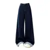 Jeans patchwork de dobladillo enrollado azul oscuro para mujer, nuevo diseño de verano 2026, pantalones holgados rectos de pierna ancha hasta el suelo