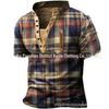 20223 Camiseta Masculina de Comércio Estampada Vintage com Botões Manga Curta Casual Camiseta Masculina Gola Henry Roupa Masculina