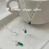 Collar de Plata de Ley S925 con Corazón Verde de Pegamento y Circonita Cuadrada Dongdaemun Diseño de Nicho Corea del Sur con Elegante Elegante