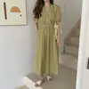 Chic Coreano2026 Nuevo Estilo de Verano Sencillo y Elegante Vestido de Algodón y Lino con Cintura Ajustada y Mangas Abullonadas Vestido de Longitud Media