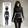Conjunto de Roupa de Yoga Feminino Color Block Gola Alta Jaqueta com Zíper Calça Falsa de Duas Peças Respirável para Corrida ao Ar Livre Pilates Fitness