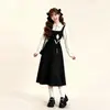 Vestido Color Block com Botões e Gola Estampada Falso Duas Peças Transfronteiriço Feminino Outono Petite Estilo College Cintura Alta Evasê Longo